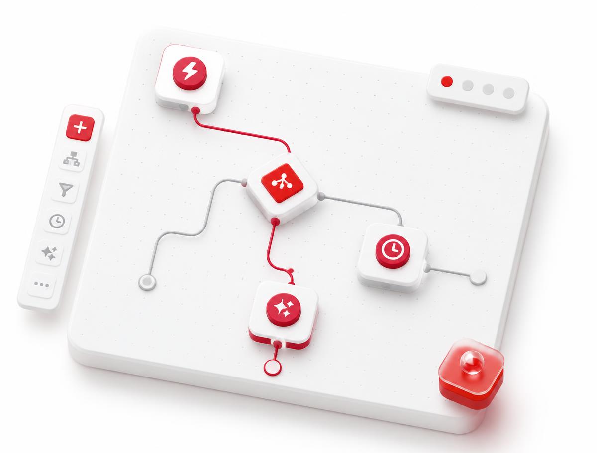 visual automation flow builder canvas with trigger, condition and AI steps